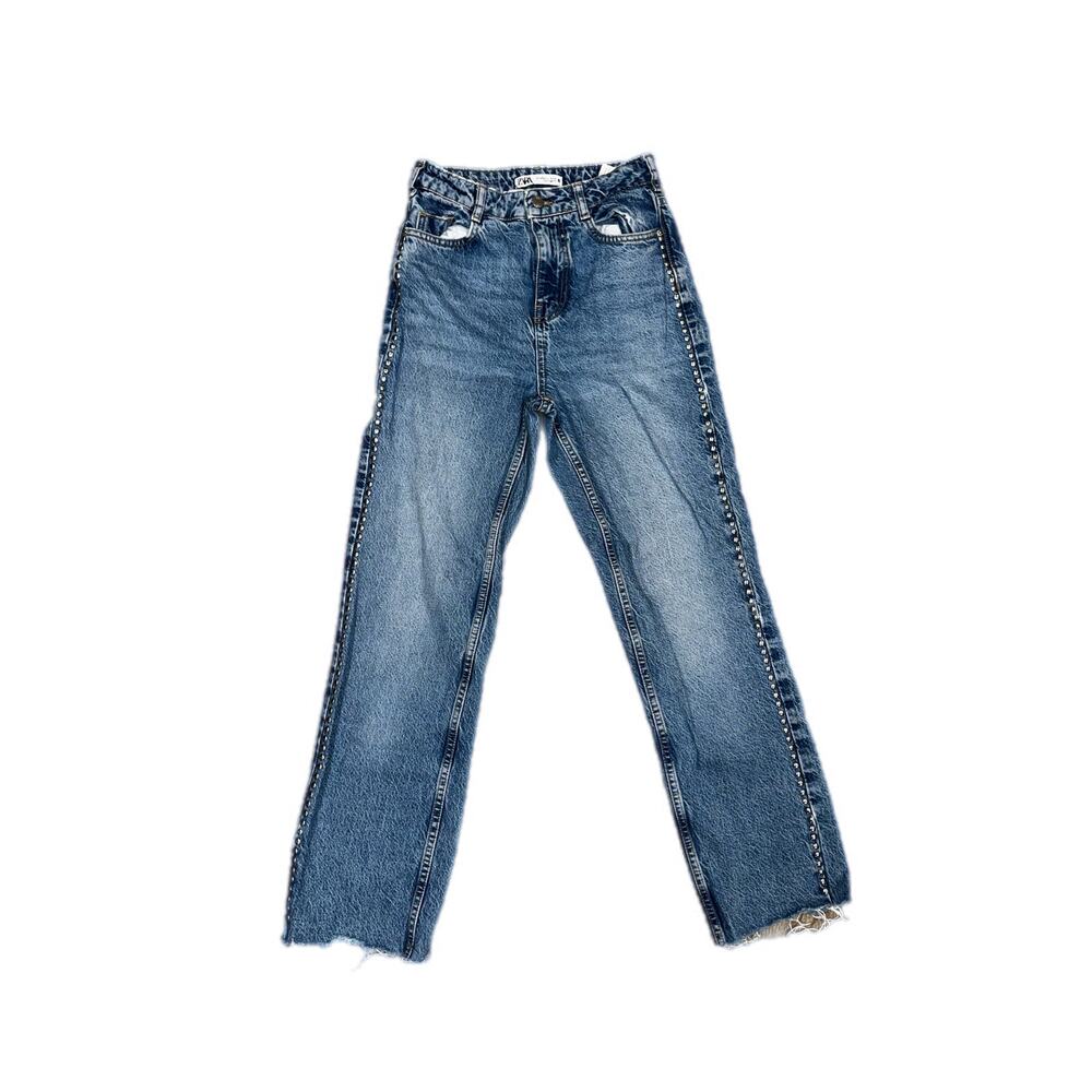 Zara blue straight-leg jeans Size 2 with stud details along the side seam